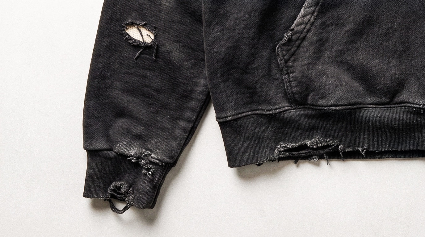 Frayed cuff of a distressed black sweatshirt