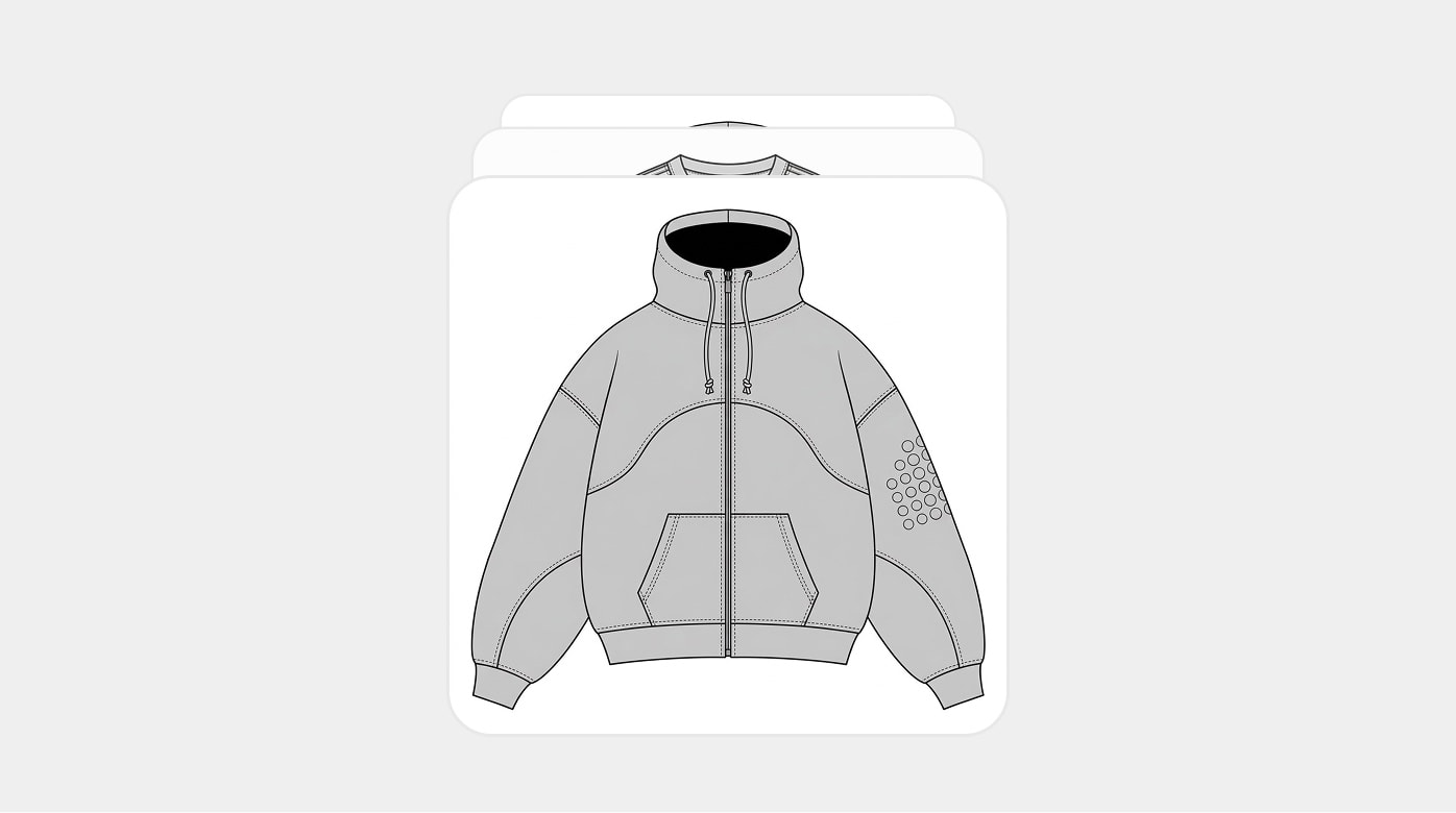Stack of flat vector mockups of a zip hoodie