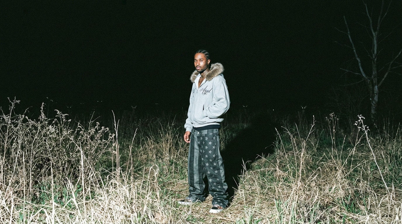 Model in a fur-trimmed hoodie standing in tall grass at night